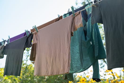Beautiful sunny day in the rural place, drying clothing outdoors