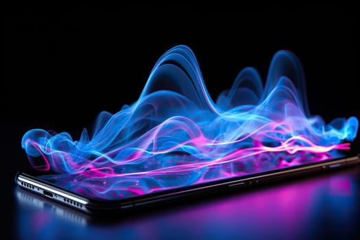 Abstract image of neon sound waves over a smartphone. Music and entertainment concept.