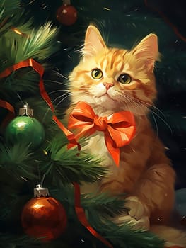 Red cute kitten winter beautiful holiday pet funny white domestic animal kitty cat decor fur christmas xmas tree