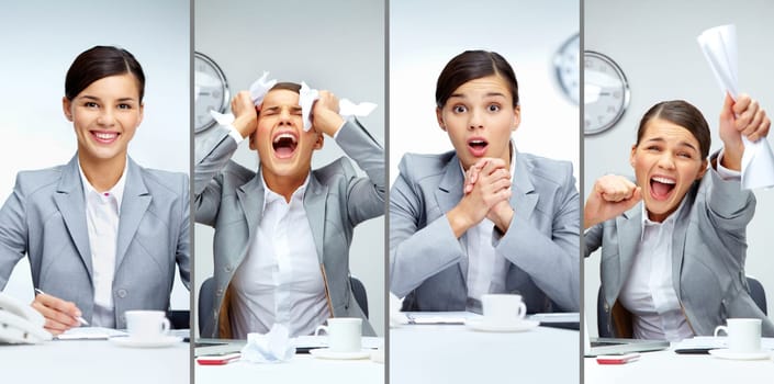 Collage of a young business lady with different expressions