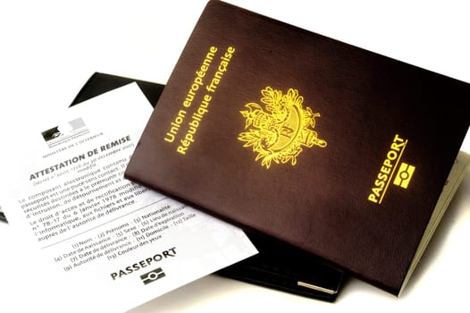 biometric French passport in studio on white zone