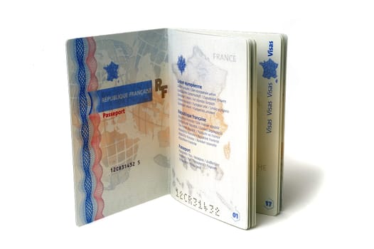 biometric French passport in studio on white zone