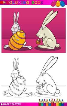 Coloring Book or Page Cartoon Illustration of Easter Bunny with Big Egg and another with Basket of Small Eggs