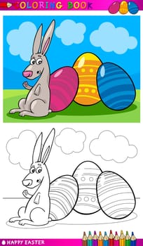 Coloring Book or Page Cartoon Illustration of Easter Bunny with Painted Eggs
