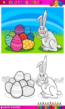 Coloring Book or Page Cartoon Illustration of Easter Bunny with Painted Eggs