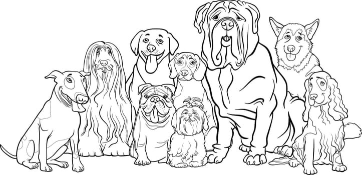 Black and White Cartoon Illustration of Funny Purebred Dogs or Puppies Group for Coloring Book