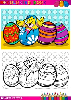 Coloring Book or Page Cartoon Illustration of Easter Little Chick or Chicken hatched from Egg and Painted Easter Eggs