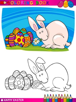Coloring Book or Page Cartoon Illustration of Easter Bunny with Painted Eggs and Spring Flower