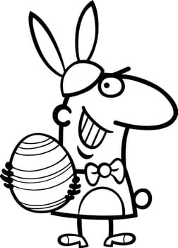 Black and White Cartoon Illustration of Funny Man in Easter Bunny Costume with Easter Egg in his Hands for Coloring Book