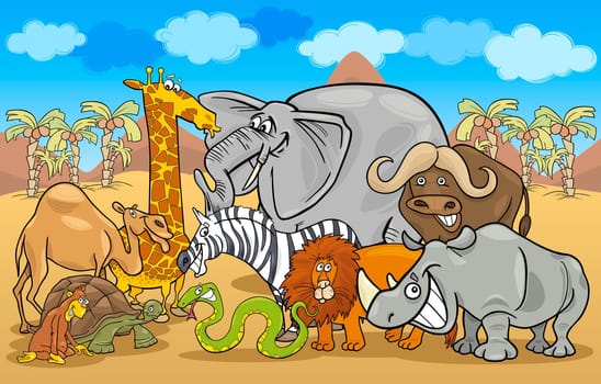 Cartoon Illustration of Funny Safari Wild Animals Group against Blue Sky and African Landscape