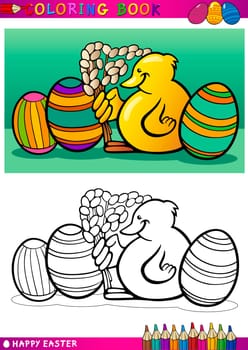 Coloring Book or Page Cartoon Illustration of Easter Little Chick or Chicken with Catkin and Painted Eggs