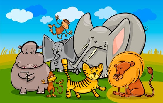 Cartoon Illustration of Cute African Safari Wild Animals Group against Blue Sky