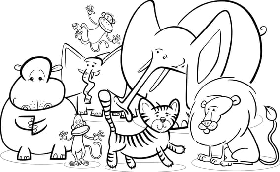 Black and White Cartoon Illustration of Cute African Safari Wild Animals Group for Coloring Book