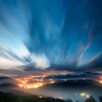 Amazing sunset and sea of cloud with mountains and tree