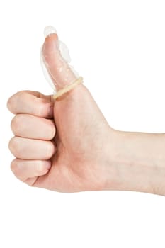 Condom on the finger, isolated on white background