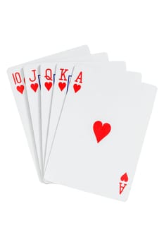 Royal straight flush playing cards poker hand in hearts