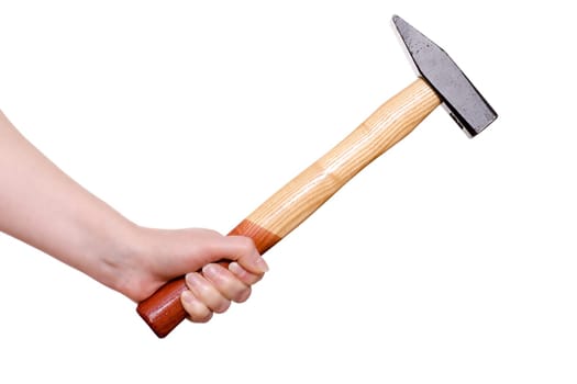 Hand holding a hammer against white background