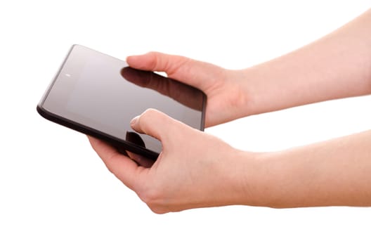 Isolated hands holding a computer tablet