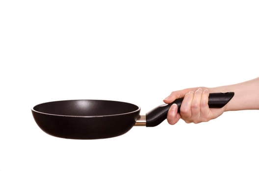 Isolated hand holding a roasting pan horizontally