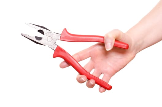 White isolated hand holding combination pliers