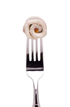 White insulated fillet of herring on a fork