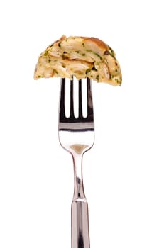 White insulated dumpling from pretzel on a fork