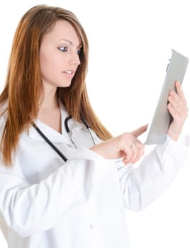 Pretty female student doctor working with an digital tablet