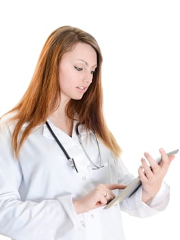 Pretty female student doctor working with an digital tablet