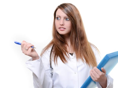 Pretty female doctor isolated writing notes