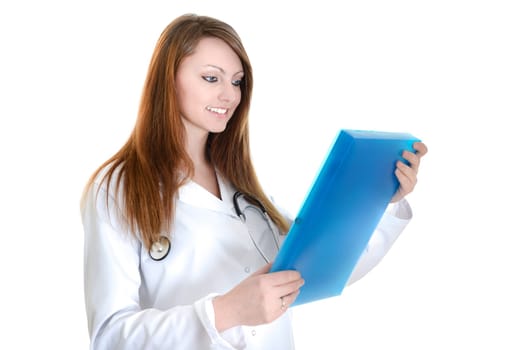 Pretty female doctor isolated over a white background