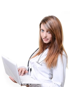 Pretty female student doctor working with notebook