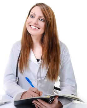 Pretty female doctor isolated writing in a Planner