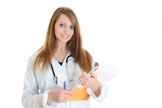Pretty female doctor isolated writing notes