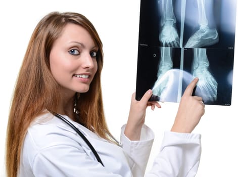 female doctor with x-ray in hand over a white background