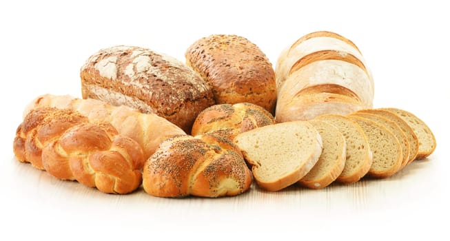 Composition with bread and rolls isolated on white