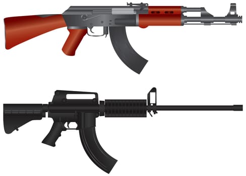 Assault Rifles AR 15  and AK 47 Semi Automatic Weapons Illustration Isolated on White Background