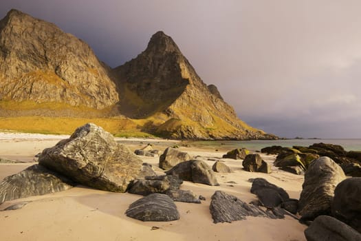 Scenic sandy beach on Lofoten islands in arctic Norway
