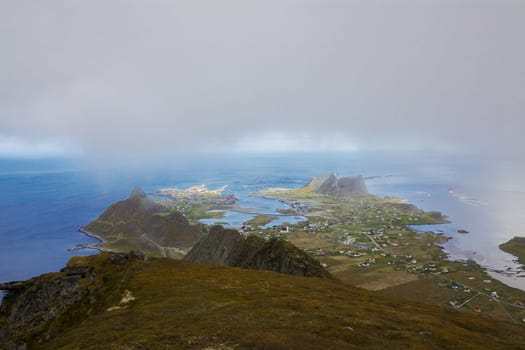 Scenic view of town Sorland on Lofoten islands in Norway on cloudy day
