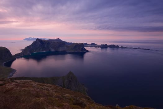 Midnight sun on Lofoten islands in Norway