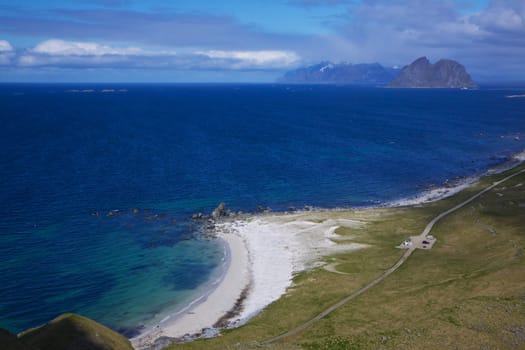 Birds eye view of scenic sandy beach on Lofoten islands in arctic Norway