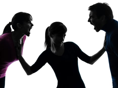 one caucasian family father mother daughter dispute screaming  in silhouette studio isolated on white background