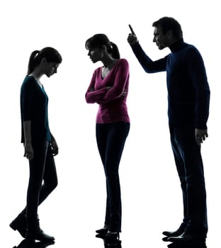 one caucasian family father mother daughter man dispute reproach in silhouette studio isolated on white background