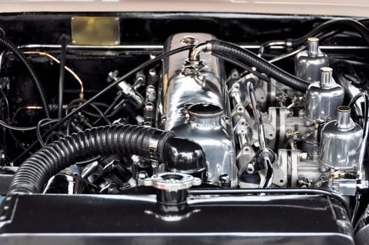 A vintage car engine closeup