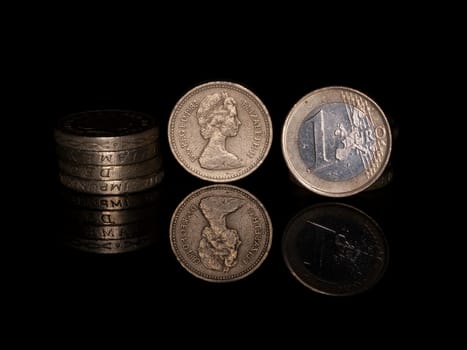 Pound and Euro coins on Black