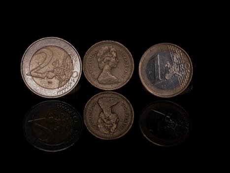 Pound and Euro coins on Black
