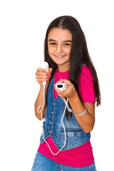 A teenage girl playing video game, isolated on white background