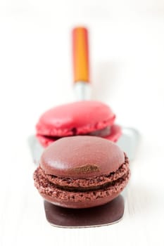 Close-up of two colorful macaroons on cake server on light background