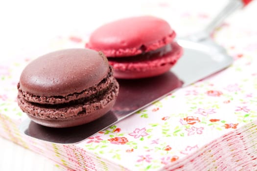 Close-up of two colorful macaroons on serviette and cake server on light background