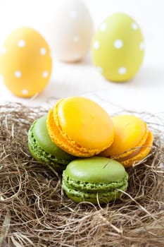 Close-up of colorful macaroons resting in straw nest and Easter eggs on light background