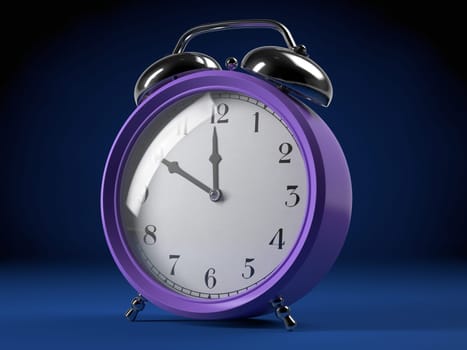 Photo of a purple alarm clock on blue backdrop.